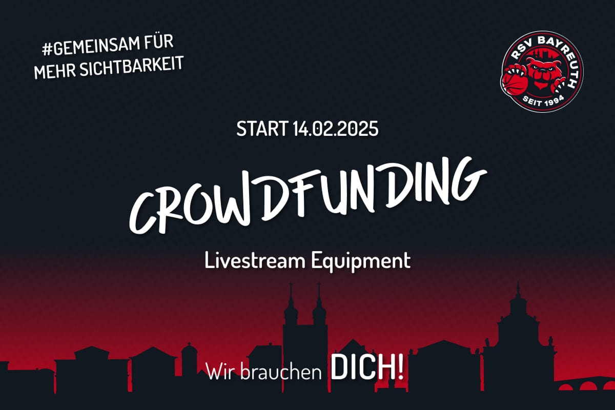 Crowdfunding Livestream Equipment mit RSV Logo und illustrierter Skyline