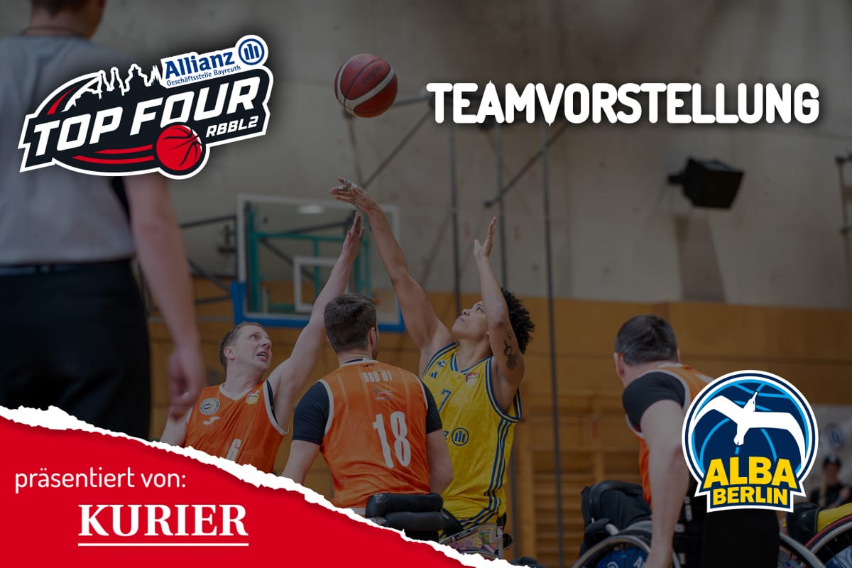 Basketballspieler wirft Ball und wird geblockt mit Allianz Top Four Logo und Alba Berlin Logo